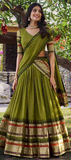 Green color Lehenga in Chanderi Silk fabric with Weaving, Zari work