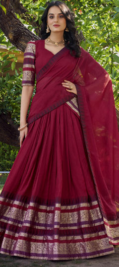 Red and Maroon color Lehenga in Chanderi Silk fabric with Weaving, Zari work
