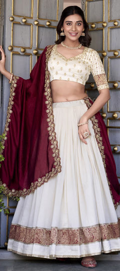 White and Off White color Lehenga in Silk fabric with Border, Weaving work