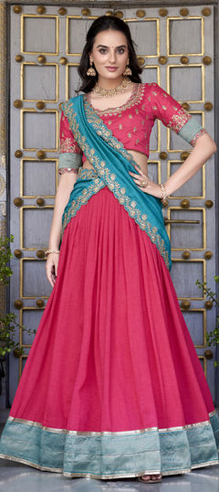 Pink and Majenta color Lehenga in Silk fabric with Border, Weaving work