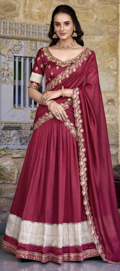 Red and Maroon color Lehenga in Silk fabric with Border, Weaving work