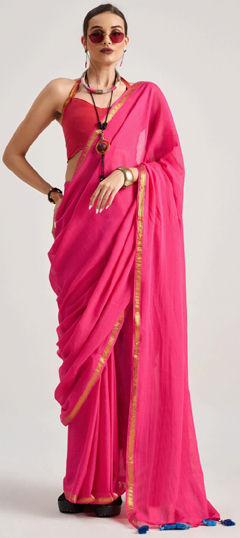 Pink and Majenta color Saree in Viscose fabric with Lace work