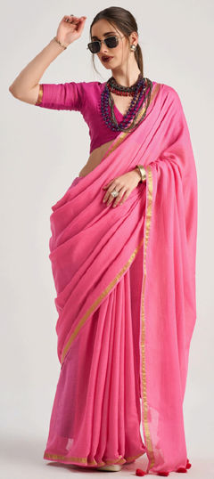 Pink and Majenta color Saree in Viscose fabric with Lace work