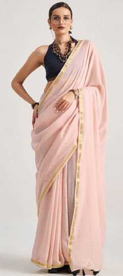 Beige and Brown color Saree in Viscose fabric with Lace work