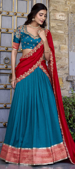 Blue color Lehenga in Silk fabric with Border, Weaving work