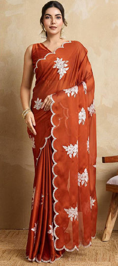 Beige and Brown color Saree in Art Silk fabric with Embroidered, Sequence work