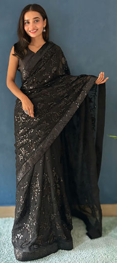 Black and Grey color Saree in Georgette fabric with Sequence work
