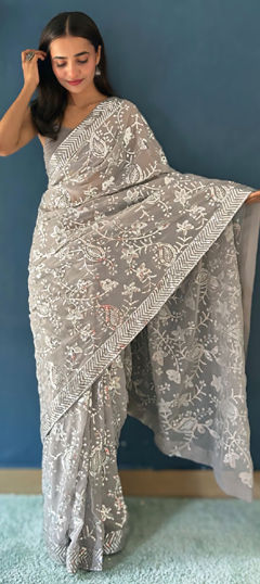 Black and Grey color Saree in Georgette fabric with Sequence work