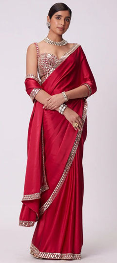 Red and Maroon color Saree in Art Silk fabric with Border, Mirror work