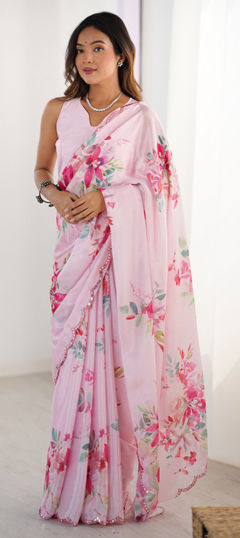 Pink and Majenta color Saree in Chinon Silk fabric with Digital Print, Mirror work