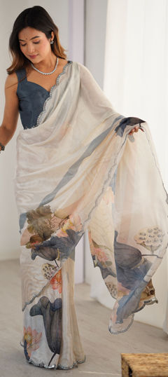 White and Off White color Saree in Chinon Silk fabric with Digital Print, Mirror work