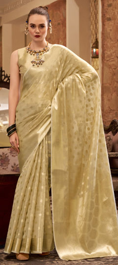 Beige and Brown color Saree in Tissue fabric with Weaving work