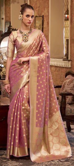 Pink and Majenta color Saree in Tissue fabric with Weaving work