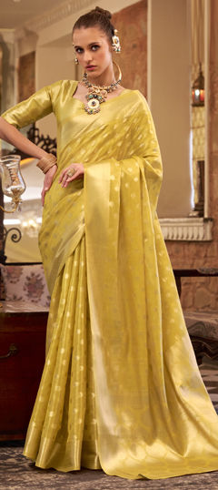 Yellow color Saree in Tissue fabric with Weaving work