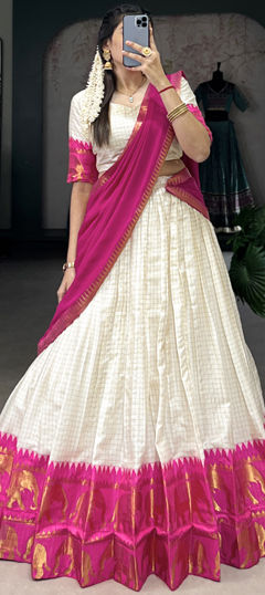 Pink and Majenta, White and Off White color Lehenga in Art Silk fabric with Weaving work