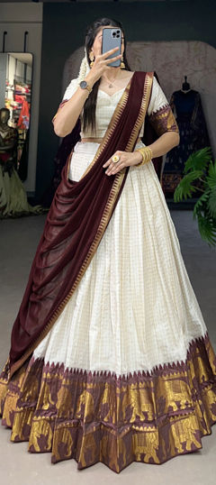 Beige and Brown, White and Off White color Lehenga in Art Silk fabric with Weaving work