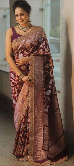 Red and Maroon color Saree in Banarasi Silk fabric with Weaving work