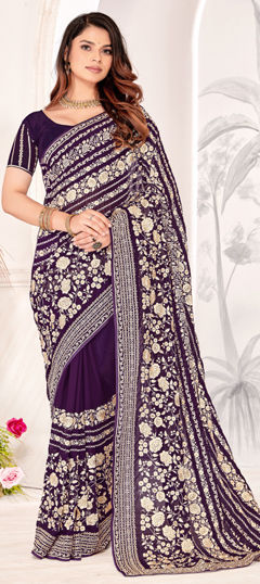 Purple and Violet color Saree in Georgette fabric with Embroidered, Resham, Zari work