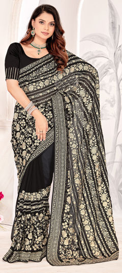 Black and Grey color Saree in Georgette fabric with Embroidered, Resham, Zari work