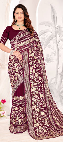 Red and Maroon color Saree in Georgette fabric with Embroidered, Resham, Zari work