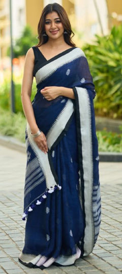 Blue color Saree in Linen fabric with Printed work