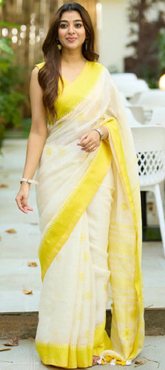 White and Off White, Yellow color Saree in Linen fabric with Printed work