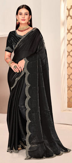Black and Grey color Saree in Satin Silk fabric with Swarovski work