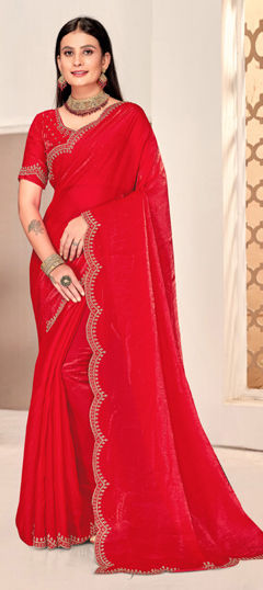 Red and Maroon color Saree in Satin Silk fabric with Swarovski work