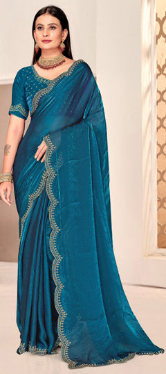 Blue color Saree in Satin Silk fabric with Swarovski work