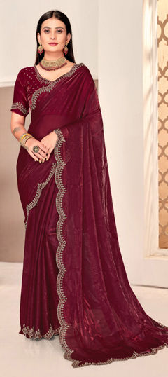 Red and Maroon color Saree in Satin Silk fabric with Swarovski work