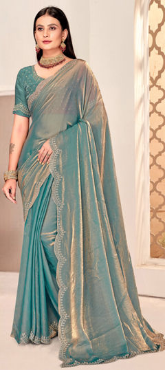 Blue color Saree in Satin Silk fabric with Swarovski work