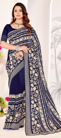 Blue color Saree in Georgette fabric with Embroidered, Resham, Zari work