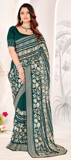 Blue color Saree in Georgette fabric with Embroidered, Resham, Zari work