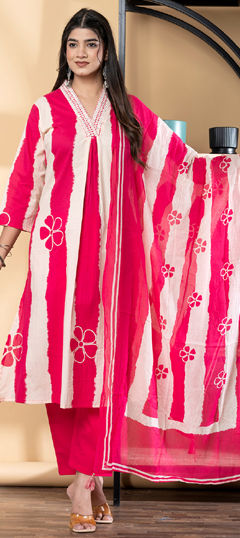 Beige and Brown, Pink and Majenta color Salwar Kameez in Cotton fabric with Mirror, Printed, Resham, Thread work