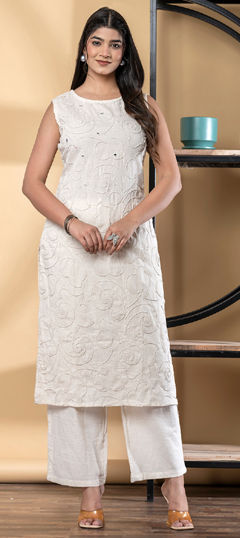 White and Off White color Salwar Kameez in Cotton Flex fabric with Mirror, Thread work