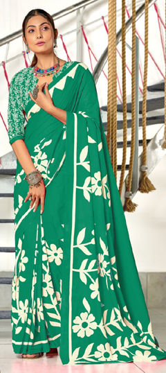 Green color Saree in Cotton fabric with Printed work