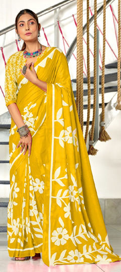 Yellow color Saree in Cotton fabric with Printed work