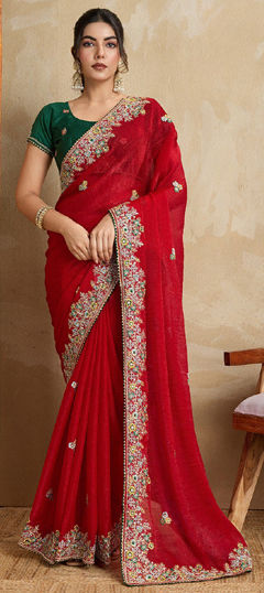 Red and Maroon color Saree in Chiffon fabric with Embroidered, Thread work