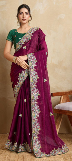 Purple and Violet color Saree in Chiffon fabric with Embroidered, Thread work