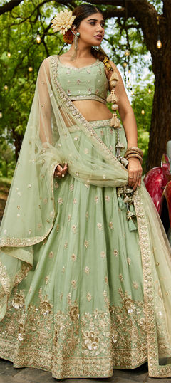 Green color Lehenga in Chiffon fabric with Embroidered, Moti, Sequence work