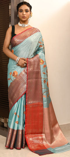 Green, Orange color Saree in Silk cotton fabric with Appliques, Mirror work
