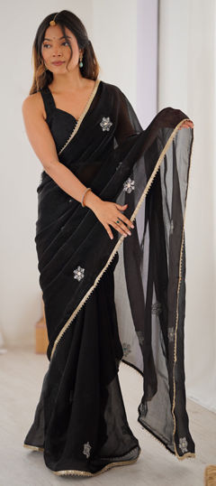 Black and Grey color Saree in Chiffon fabric with Bugle Beads, Lace, Sequence work