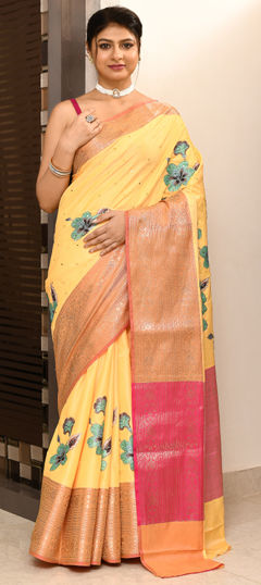 Pink and Majenta, Yellow color Saree in Silk cotton fabric with Appliques, Mirror work