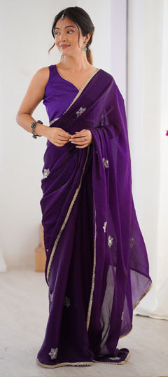 Purple and Violet color Saree in Chiffon fabric with Bugle Beads, Lace, Sequence work