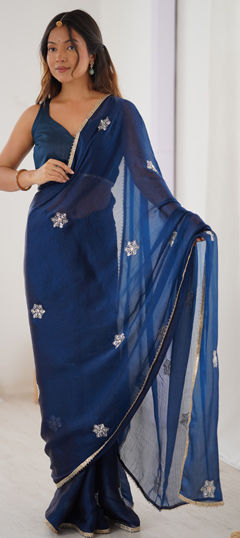 Blue color Saree in Chiffon fabric with Bugle Beads, Lace, Sequence work