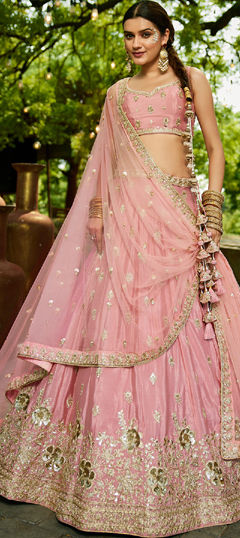 Pink and Majenta color Lehenga in Chiffon fabric with Embroidered, Moti, Sequence work