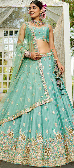 Green color Lehenga in Chiffon fabric with Embroidered, Moti, Sequence work