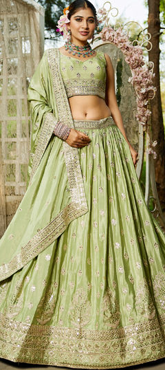 Green color Lehenga in Chiffon fabric with Embroidered, Moti, Sequence work