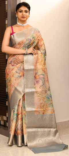 Black and Grey, Orange color Saree in Tissue fabric with Digital Print, Embroidered work