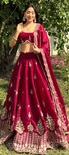 Red and Maroon color Ready to Wear Lehenga in Silk fabric with Embroidered, Sequence, Thread work